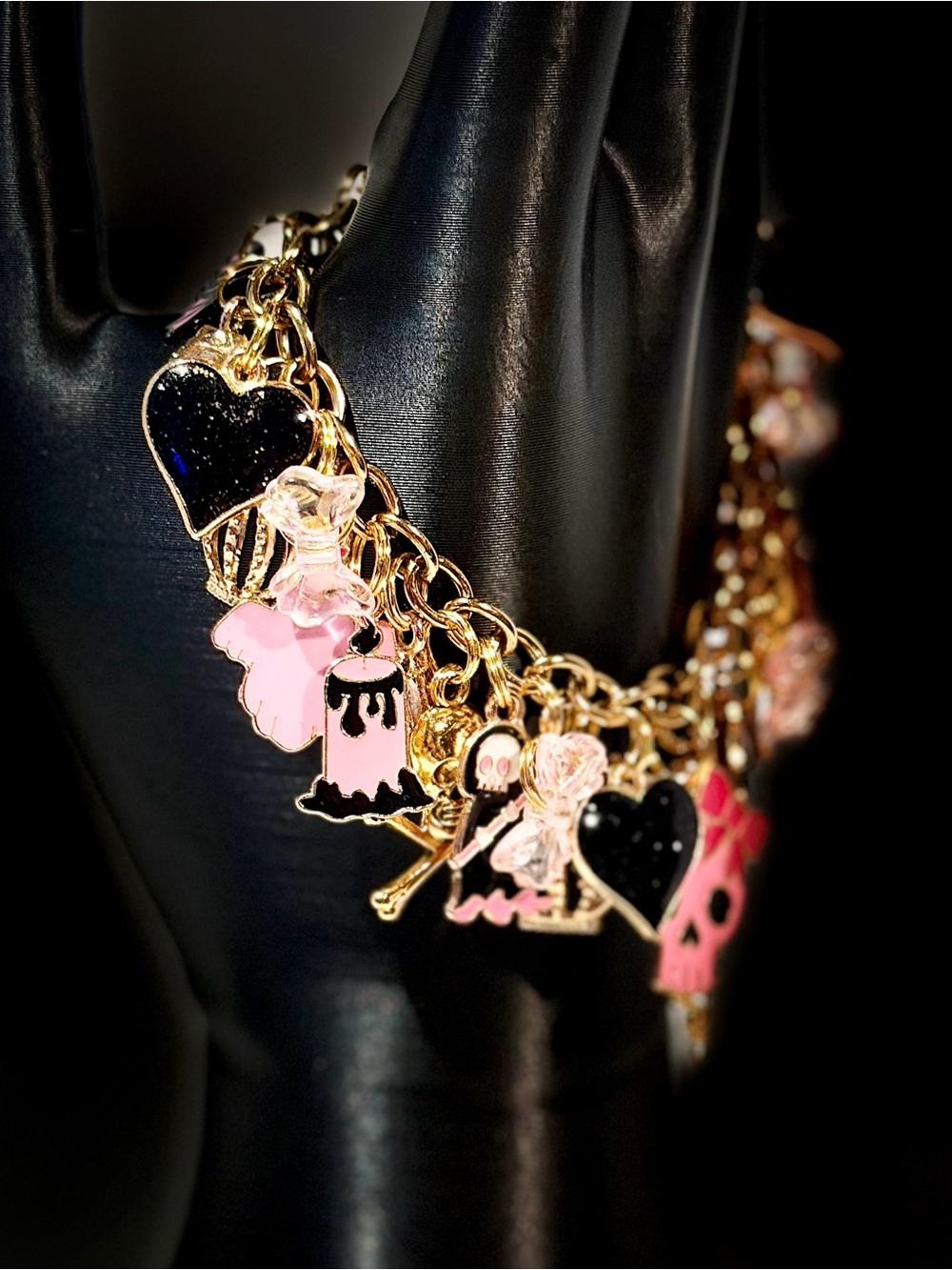 Gold Chain Charm Bracelet with Pink Skull & Black Heart Charms - Picture 3 of 5